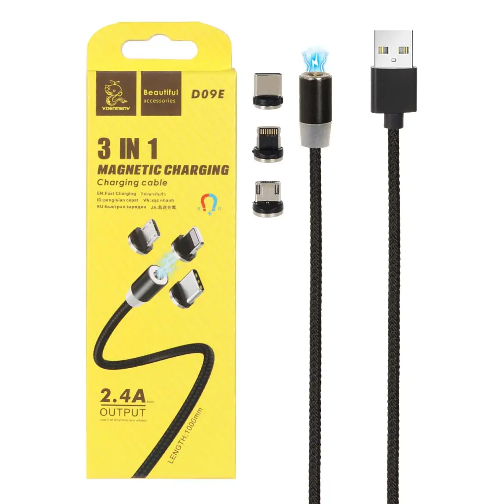 Дата кабель USB 2.0 AM to Lightning + Micro 5P + Type-C magnetic black Denmen (DN-D09E-BK) - фото 2