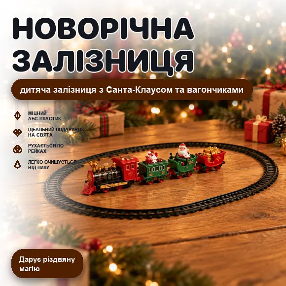 Потяг різдвяний на батарейках з Санта-Клаусом декоративна залізниця під ялинку 10 деталей - фото 2