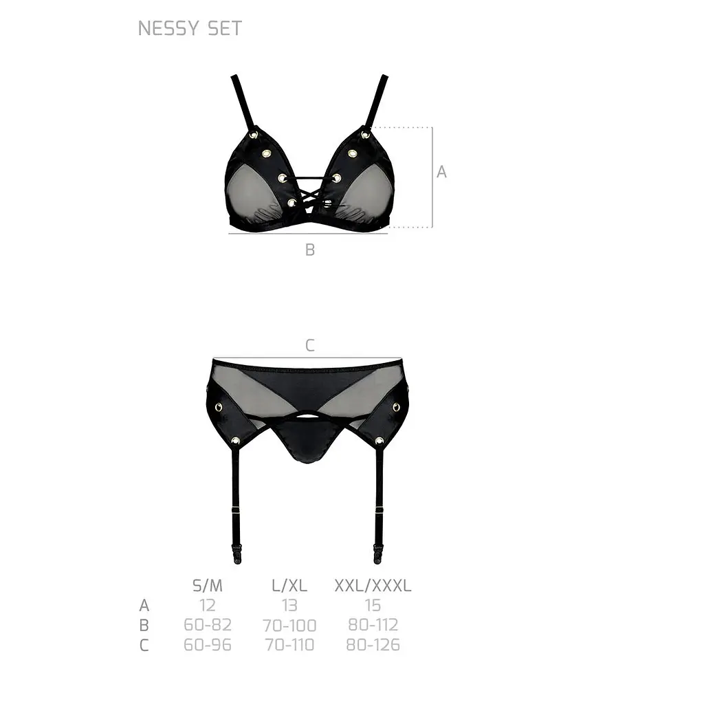 Комплект білизни Passion NESSY SET S/M black, бюстгальтер, пояс для панчіх, стрінги - фото 5