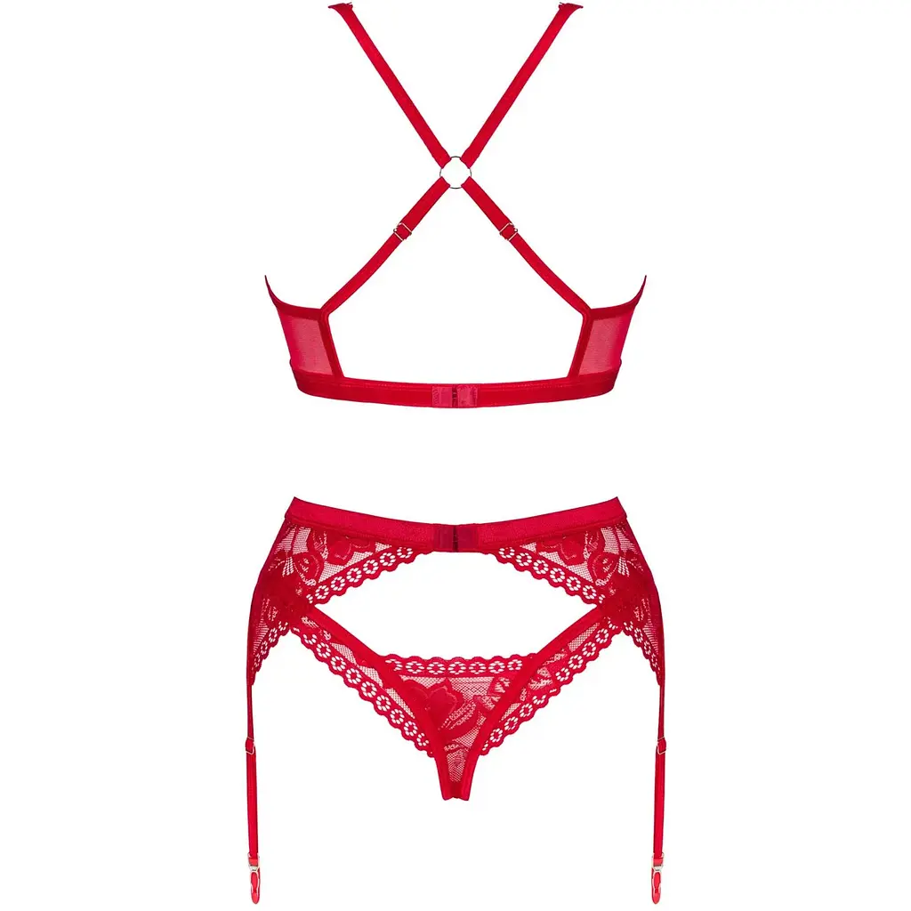 Комплект білизни Obsessive Lacelove cupless 3-pcs set M/L Red, бюстгальтер, стрінги, пояс для панчіх - фото 4
