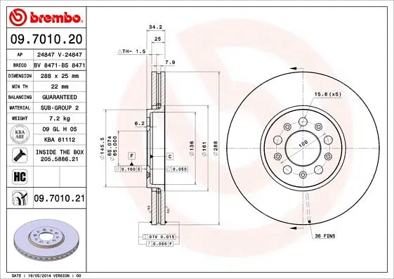 Диск гальмівний передній вентильований Seat Toledo II-IV 96-25р Brembo (09.7010.21) - фото 2