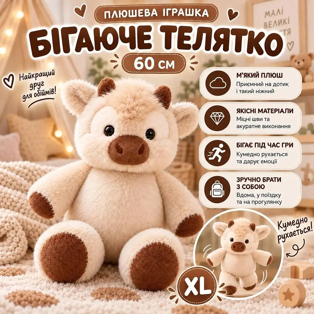 М'яка іграшка Бігаюче телятко 60 см Плюшевий бичок що бігає Бежевий - фото 2