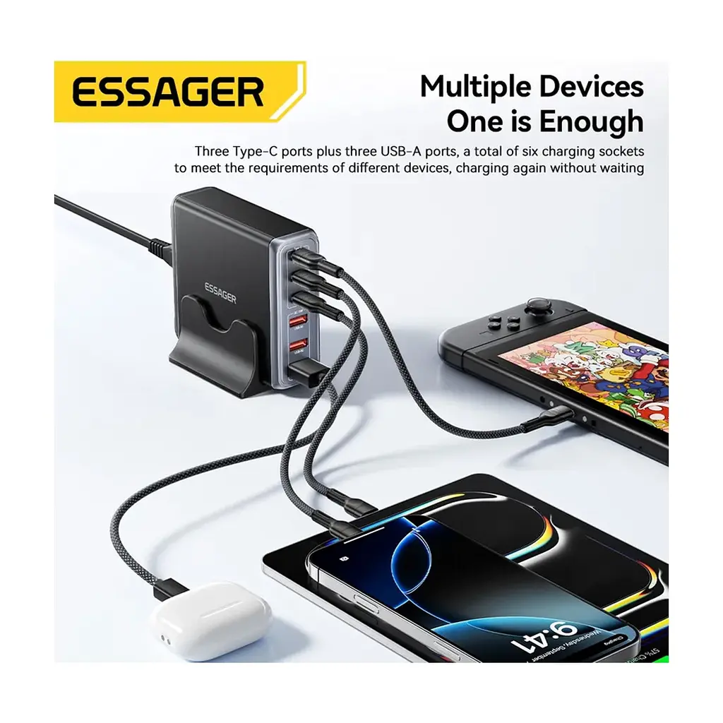 Зарядний пристрій Essager 3xUSB-C + 3xUSB-A 85W GaN black (EZC85W-SXB0G-Z) - фото 7