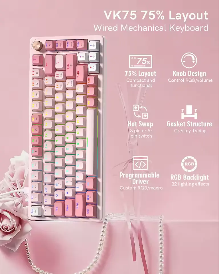 Ігрова дротова механічна клавіатура Womier VK75 / Cream Switch / Pink - фото 2