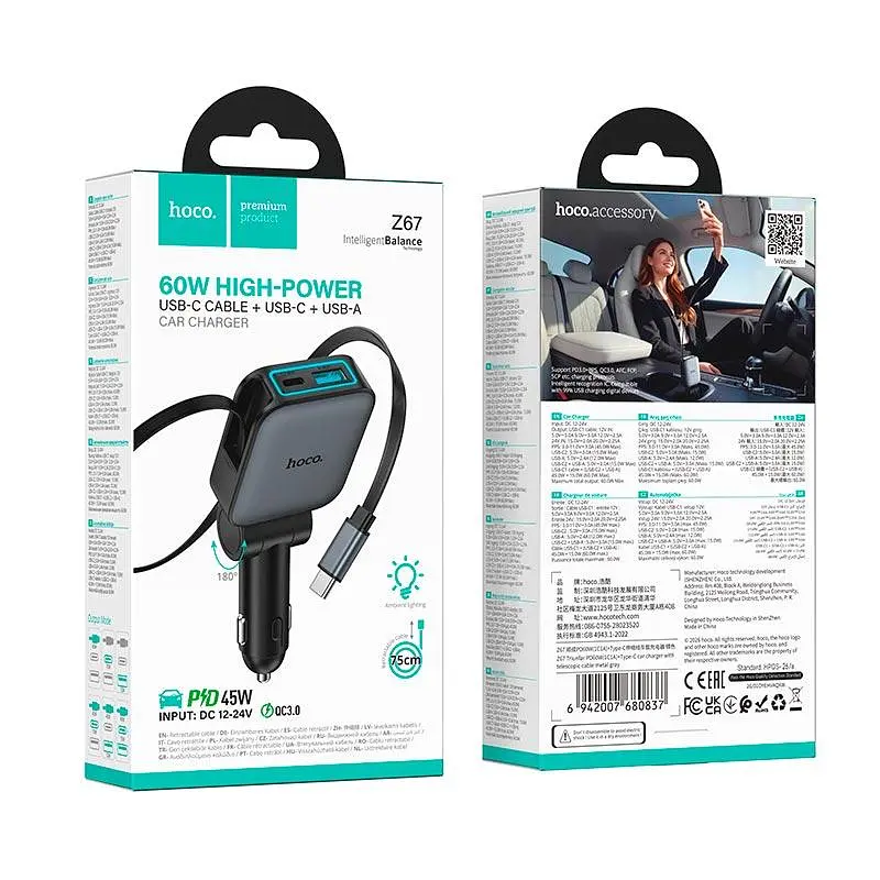 Адаптер автомобильный HOCO Triunfar car charger with telescopic Type-C cable Z67 1C/1A, 60W/3A, PD/QC - фото 2