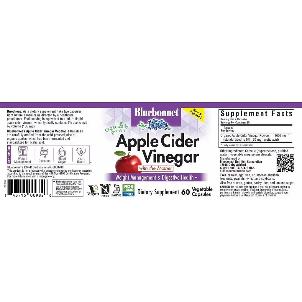 Яблучний оцет Bluebonnet Nutrition Apple cider vinegar 60 вегетаріанських капсул - фото 2