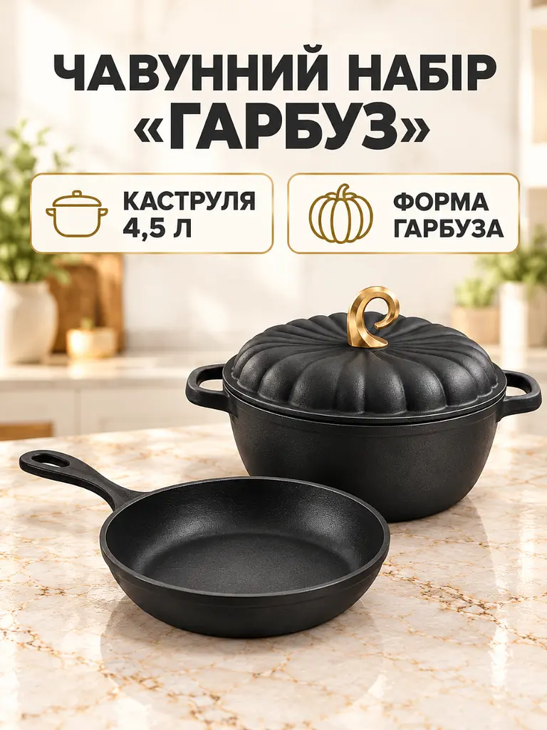 Набір чавунного посуду каструля 4.5 л та сковорода 24 см для всіх типів плит чорнийь (37261161) - фото 2