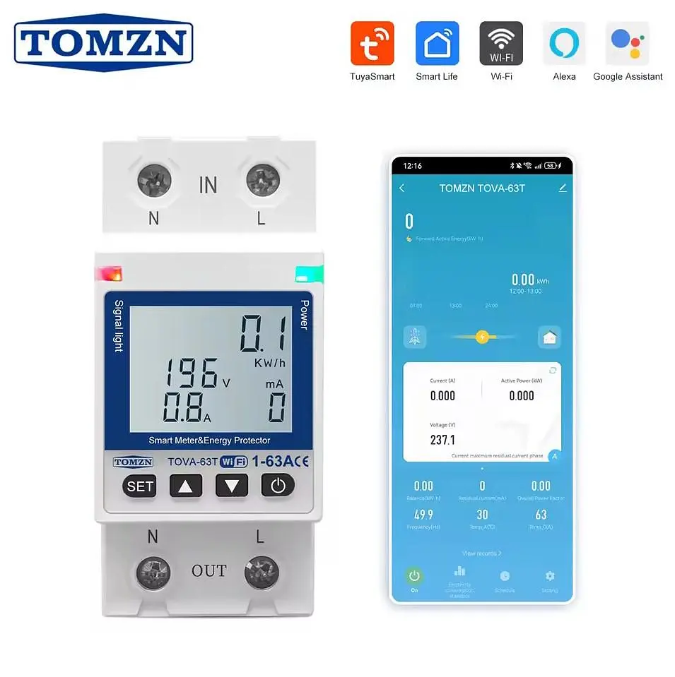 Розумний автоматичний вимикач Tuya Wi-Fi TOMZN TOVA-63T 110/220V 63A Цифрове реле з лічильником білий дисплей (19642) - фото 2