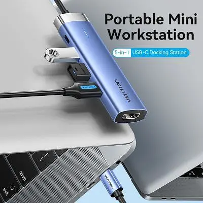 Концентратор Vention USB 3.1 Type-C to HDMI/USB 3.0x3/PD 100W Blue Aluminum Alloy Hub 5-in-1 (TGESB) - фото 2