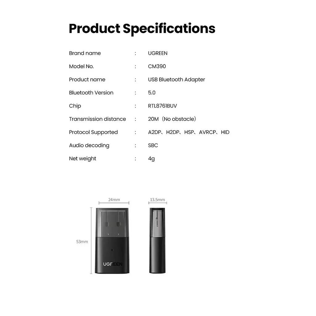 Bluetooth-адаптер Ugreen CM390 USB Bluetooth 5.0 (UGR-80889) - фото 10