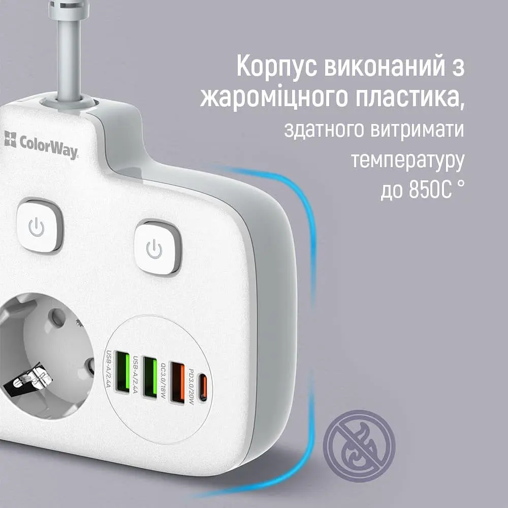 Мережевий фільтр ColorWay olorWay 2x220V/3xUSB-A/1xUSB-C (CW-CHE24PDW) - фото 13