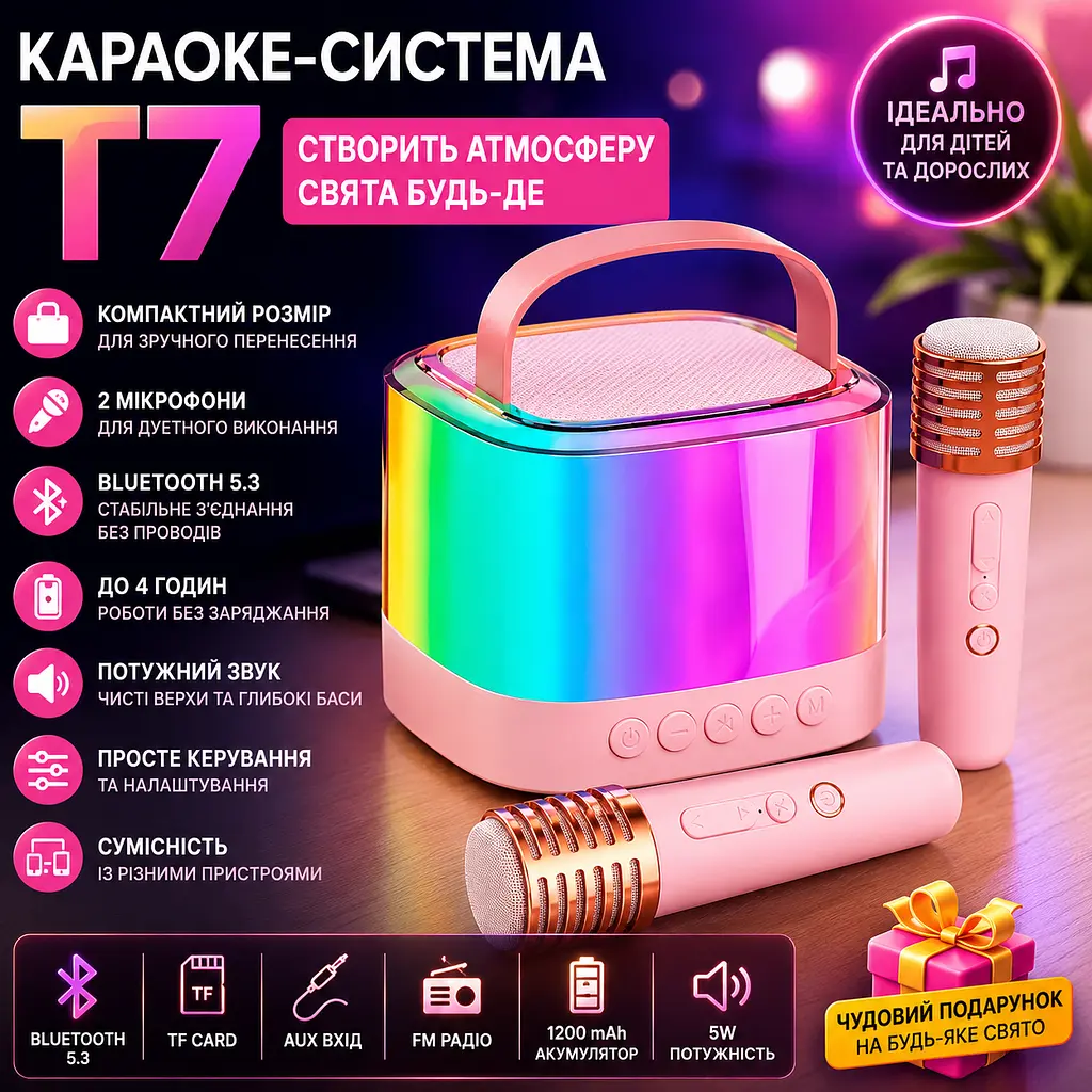Портативна колонка-караоке + 2 мікрофони, Bluetooth, USB, TF, AUX, T7, Рожевий / Бездротова колонка / Bluetooth-колонка - фото 2