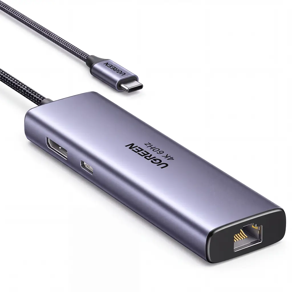 USB-C хаб UGREEN CM512 док-станция 6 в 1 1 выход DisplayPort 1.4 до 4K 60 Гц / 2K 144 Гц / 1080p 240 Гц 1 USB-C и 2 USB-A для данных до 5 Гбит/с 1 RJ45 Ethernet до 1000 Мбит/с 1 вход питания USB-C PD 3.0 до 100 Вт для видео нужен USB-C с DisplayPort Alt Mode для Windows/macOS/Linux встроенный кабель 0,3 м космический серый (75643)