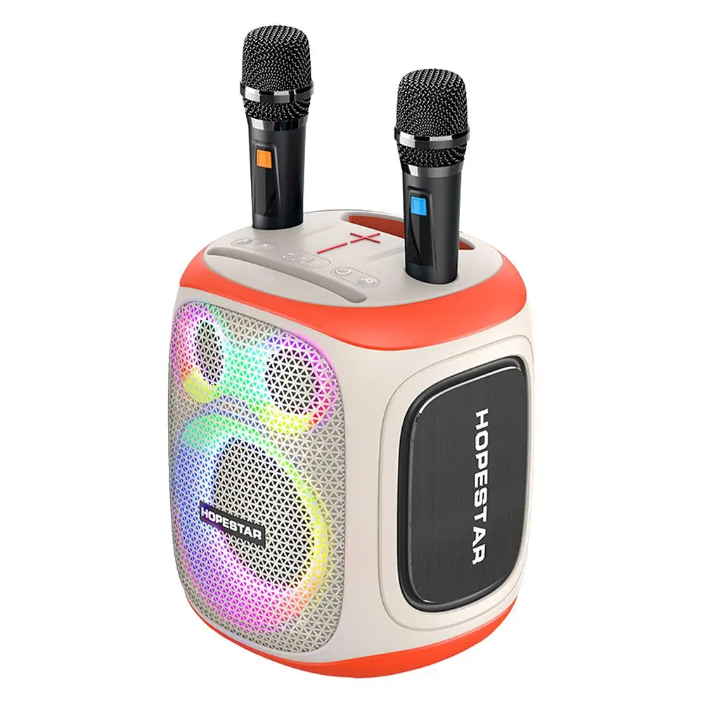 Портативна акумуляторна бездротова Bluetooth колонка 2 мікрофона караоке акустична система 120Вт з LED світломузикою Hopestar Party 130 бежевий