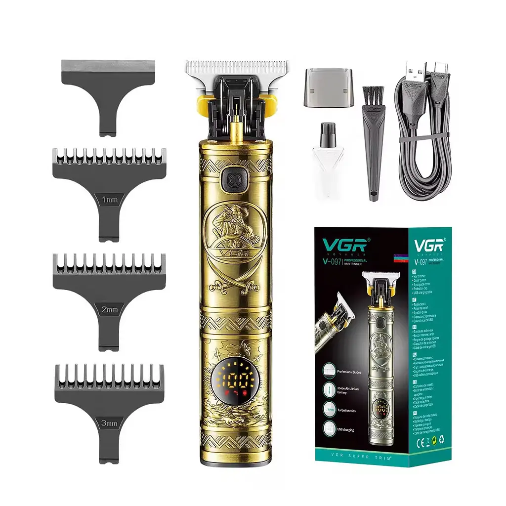 Тример акумуляторний для бороди та волосся VGR V-097 з LED дисплеєм Gold - фото 2