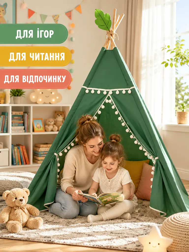 Дитячий вігвам зелений 100х100х110 см намет-будиночок для ігор з дерев’яним каркасом (49676011) - фото 9