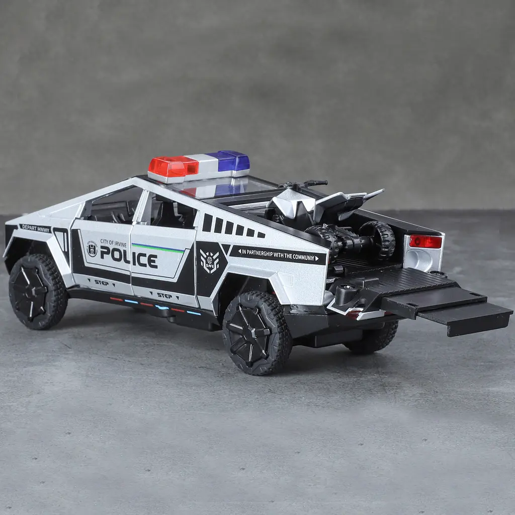 Колекційна металева модель поліцейського автомобіля Tesla Cybertruck Police з квадроциклом, інерцією, світлом та звуком 1:24 - фото 7