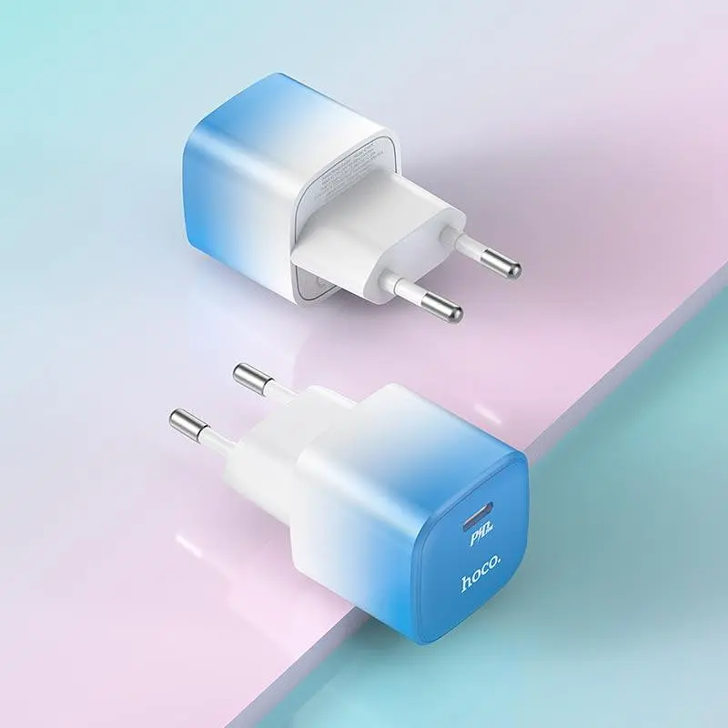 Зарядний пристрій блок-адаптер HOCO single port charger C101A 1 порт Type-C 20 W біло-блакитний - фото 8