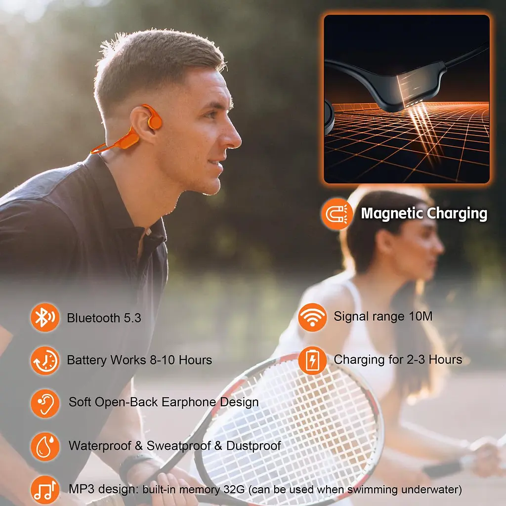 Кісткові навушники для плавання ESON X63 з 32 ГБ пам'яті, MP3 плеєром, Bluetooth 5.3 Помаранчевий - фото 5
