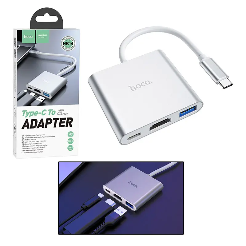 Адаптер Hoco HB14 Type-C-to-USB3.0 + HDMI + Type-C PD 2.0 сталевий - фото 2