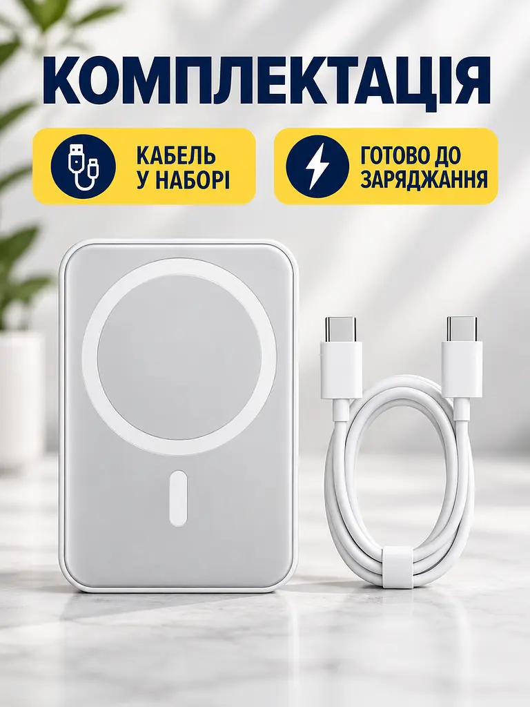Повербанк 10000 мА·год магнітний з бездротовою зарядкою 15 Вт, зовнішній акумулятор зі швидкою зарядкою 22,5 Вт, білий (49676395) - фото 7