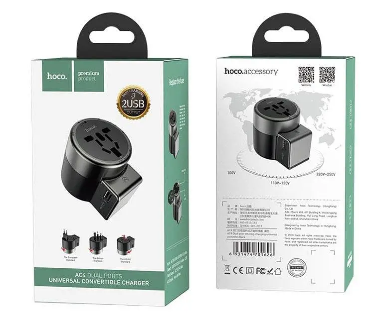 Зарядний адаптер Hoco AC4 Dual port rotating charging universal converter 2 USB 2.4A - фото 2