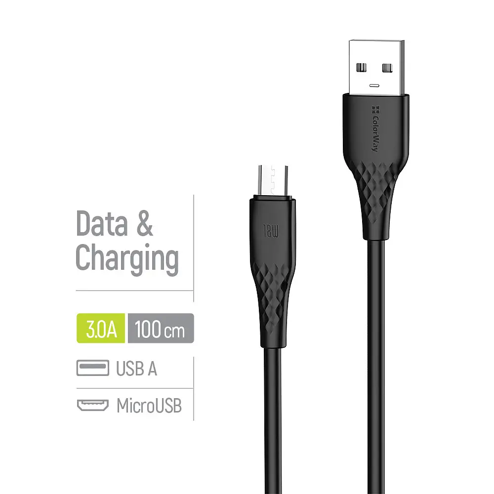 Кабель ColorWay USB - micro USB (M/M), textured PVC, 3А, 1 м, Чорний (CW-CBUM094-BK) - фото 5