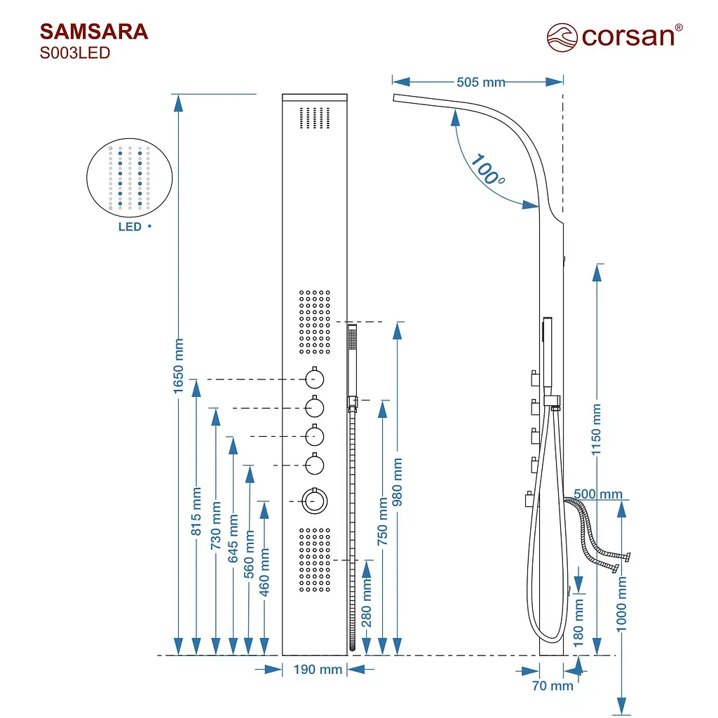 Душова панель Corsan Samsara black LED S003MBLLED, Нержавіюча сталь - фото 4
