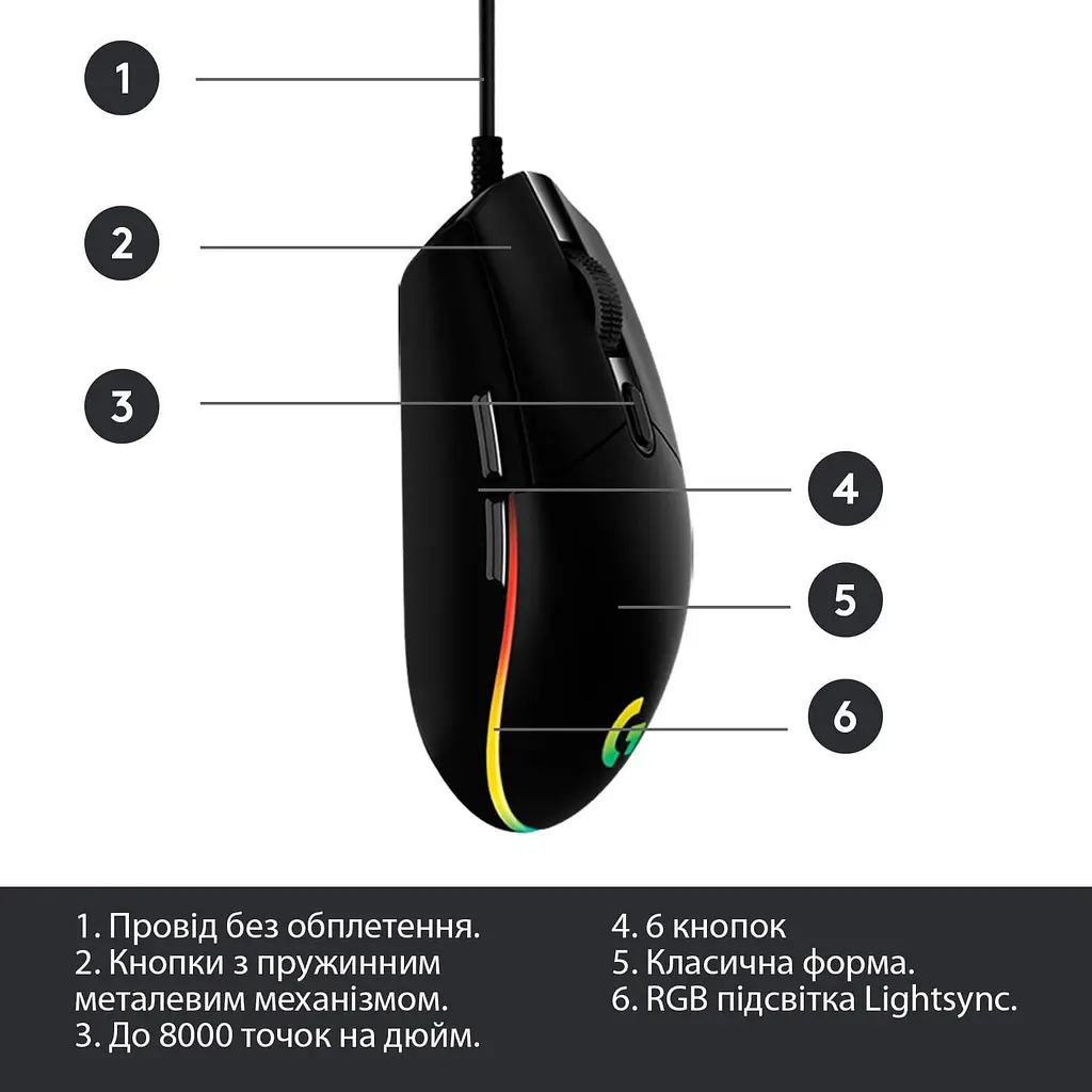 Миша Logitech G102 Lightsync USB Black (910-005823) - фото 6