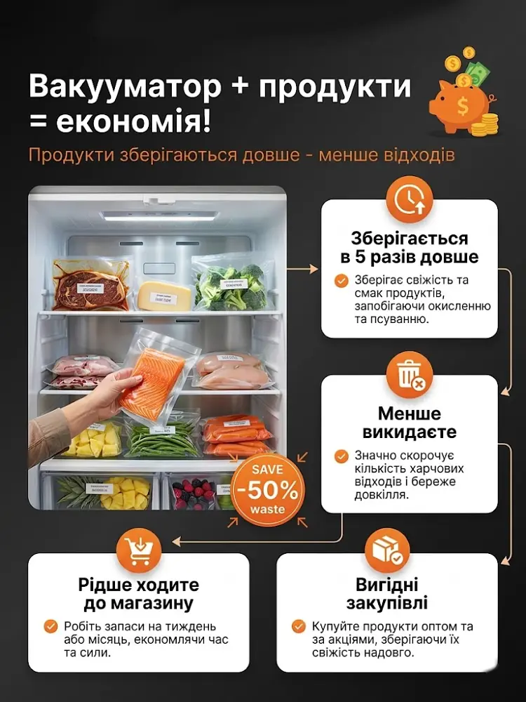 Професійний Вакууматор для продуктів, Zepline 4.0, 200 Вт Кухонний вакуумний пакувальник, Вакууматор для їжі, Вакуматор, Спаювач, рулон + пакети для вакуумування харчові - фото 9