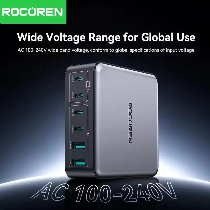 Зарядное устройство адаптер питания Rocoren 200 W GaN 0242 2U+4C черная вилка США (US plug) - фото 4