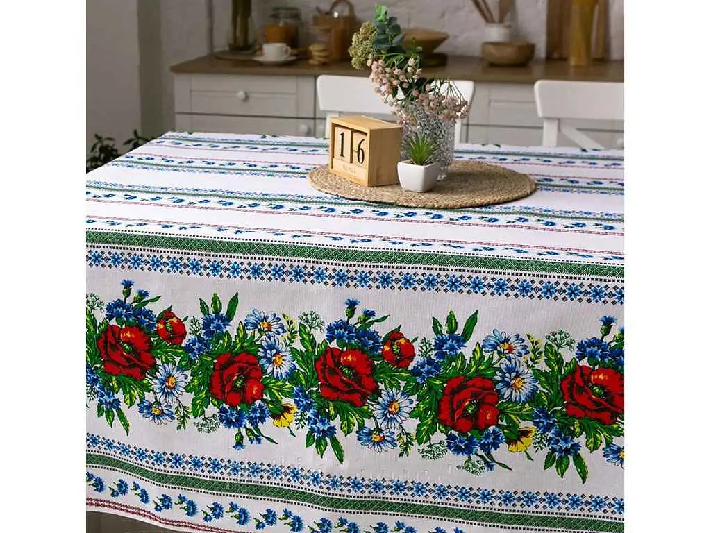 Скатертина ПЛАТКИ-ОПТ 150*220 традиція "Волошки" (розкладний стіл)