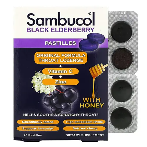 Бузина Black Elderberry Pastilles with Honey 20 льодяників Sambucol vit0006445