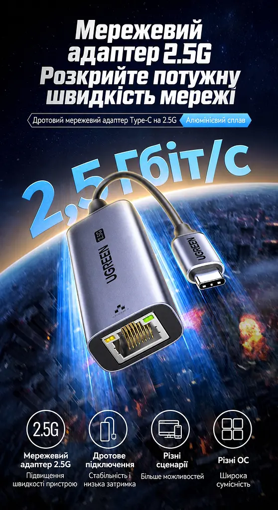 Дротовий Ethernet-адаптер UGREEN CM648 Вхідний штекер USB-C 3.1 Gen 1 та вихідний порт RJ45 Швидкість підключення до 2,5 Гбіт/с Для 2,5 Гбіт/с потрібні мережевий кабель Cat 6 або вище та підтримка 2.5G усіма пристроями тракту Для роботи потрібен USB-C-порт із передаванням даних Сумісний із Windows macOS Linux та iOS Підтримка Wake-on-LAN Алюмінієвий корпус для відведення тепла Чип RTL8156BG Вбудований кабель USB-C довжиною 15 см космічний сірий (25052) - фото 3