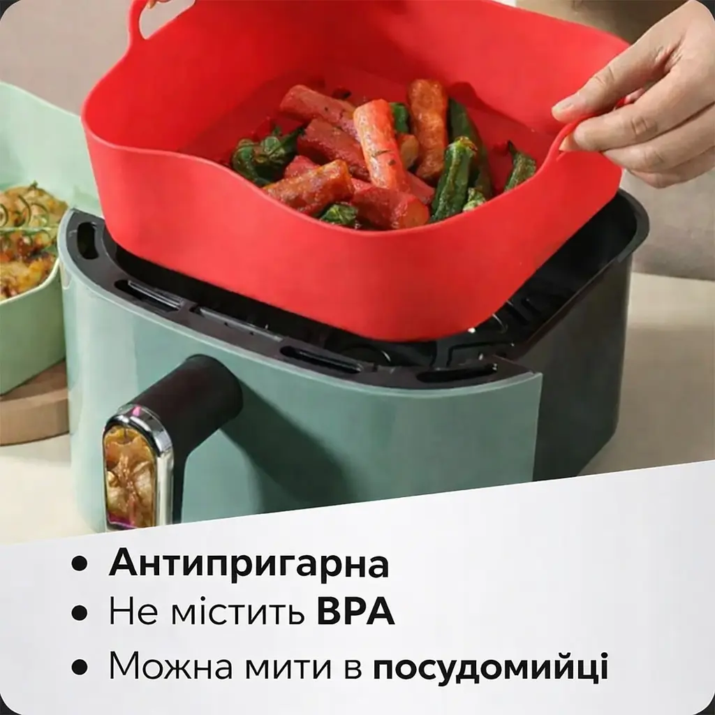 Квадратна щільна силіконова форма для аерогрилю, духовки та мультипечі з ребристим дном 21.5х21.5 см Червоний 88286 - фото 2