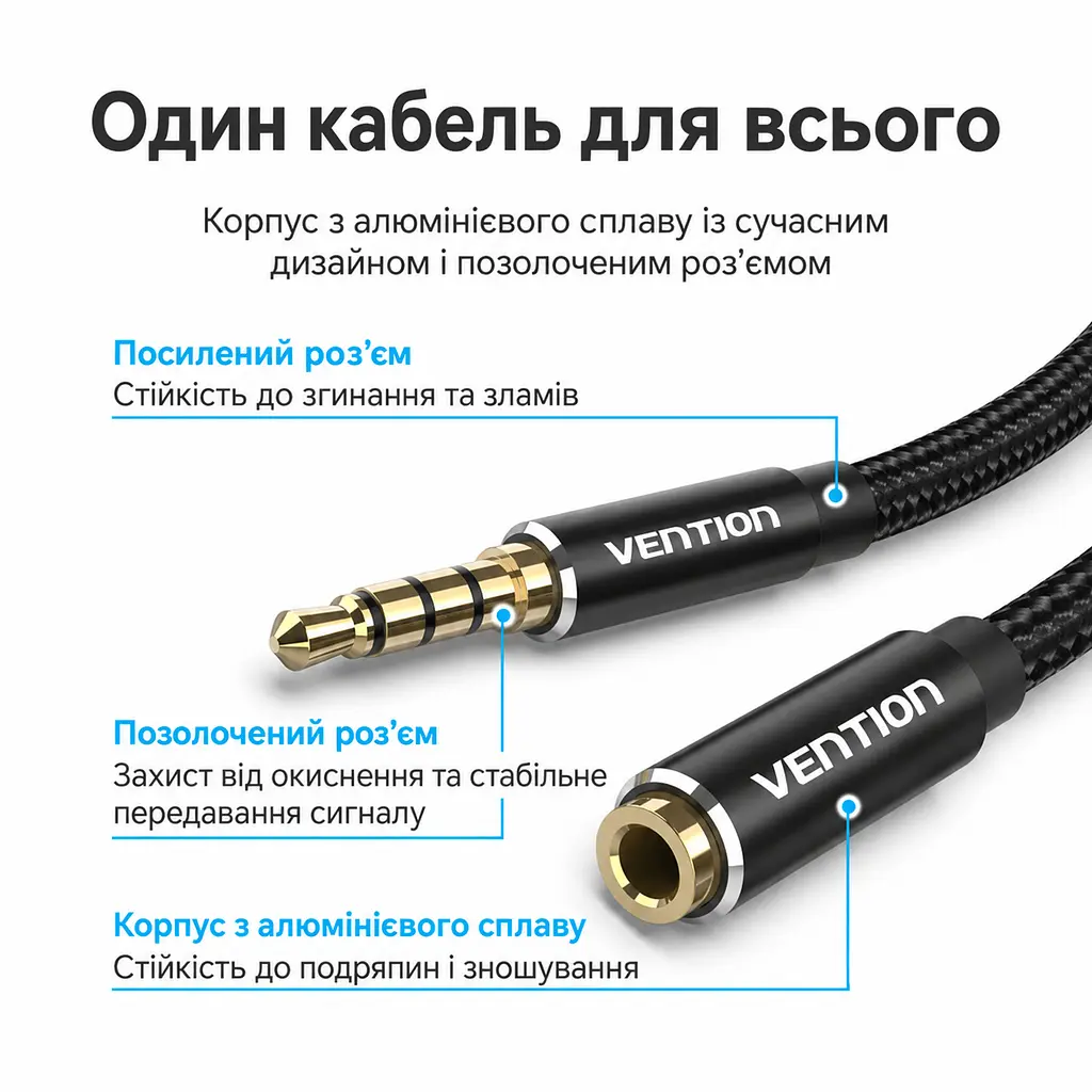 Аудіокабель-подовжувач Vention 5 м від штекера TRRS 3,5 мм до гнізда TRRS 3,5 мм з бавовняним обплетенням підходить для використання з телефоном у чохлі та підтримує мікрофон і керування на дроті за умови сумісності TRRS-роз’ємів на пристрої та гарнітурі чорний із золотистими контактами (BHCBJ) - фото 3
