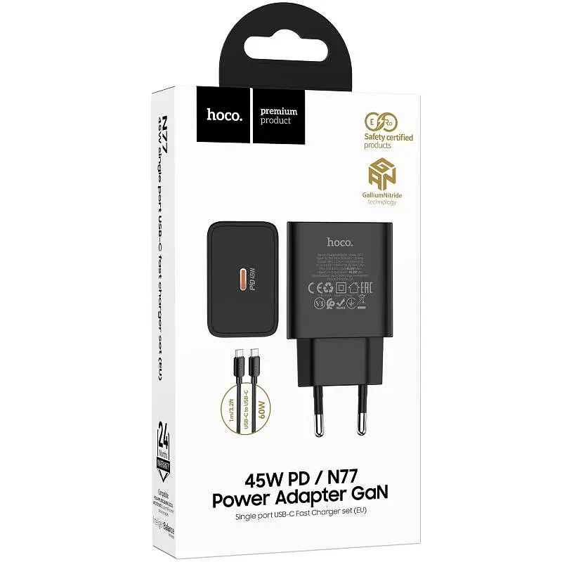 СЗУ Hoco N77 Star PD45W (1USB-C) + кабель Type-C to Type-C Black - фото 2