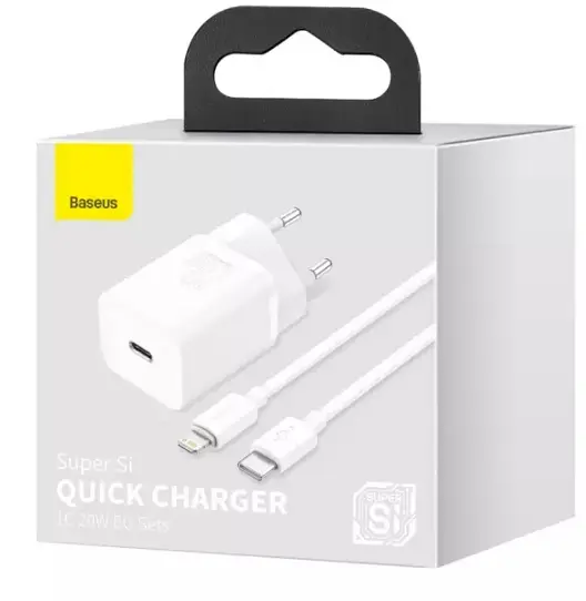 МЗП Baseus Super Si Quick Charger Type-C 20W EU with Cable Type-C to Lightning 1m Sets White - фото 2