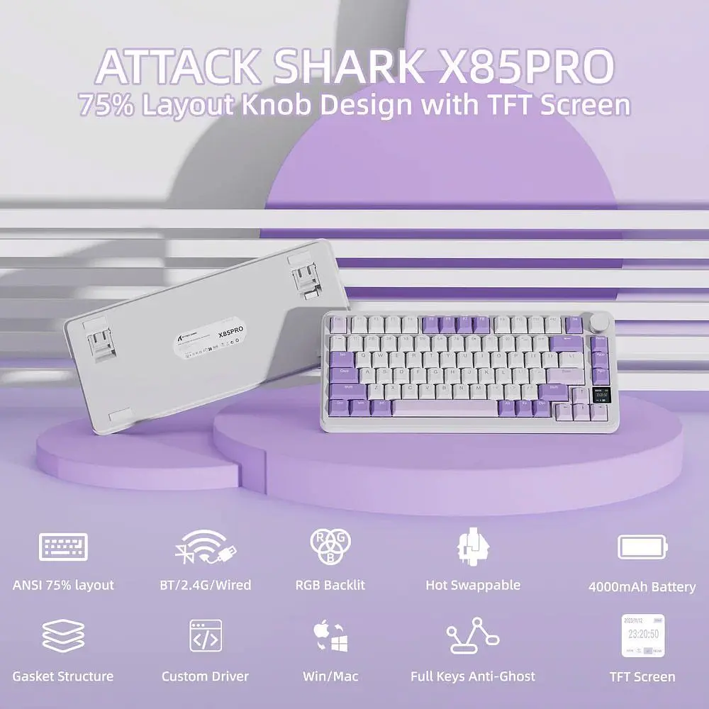 Клавіатура Attack Shark X85 Pro RGB Linear Blueberry Switches Wireless Lavender (AS-6972792471105-L) [166722] - фото 2