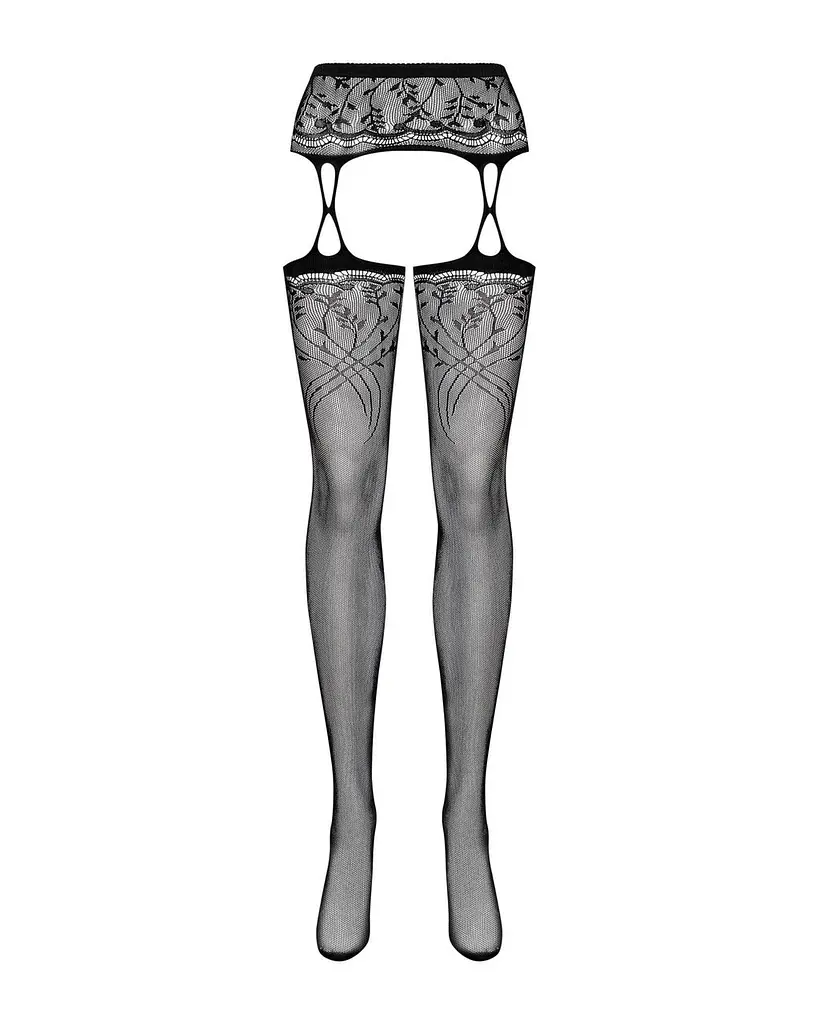 Чулки-стокинги с растительным рисунком Obsessive Garter stockings S206 black черные имитация S/M/L - фото 5