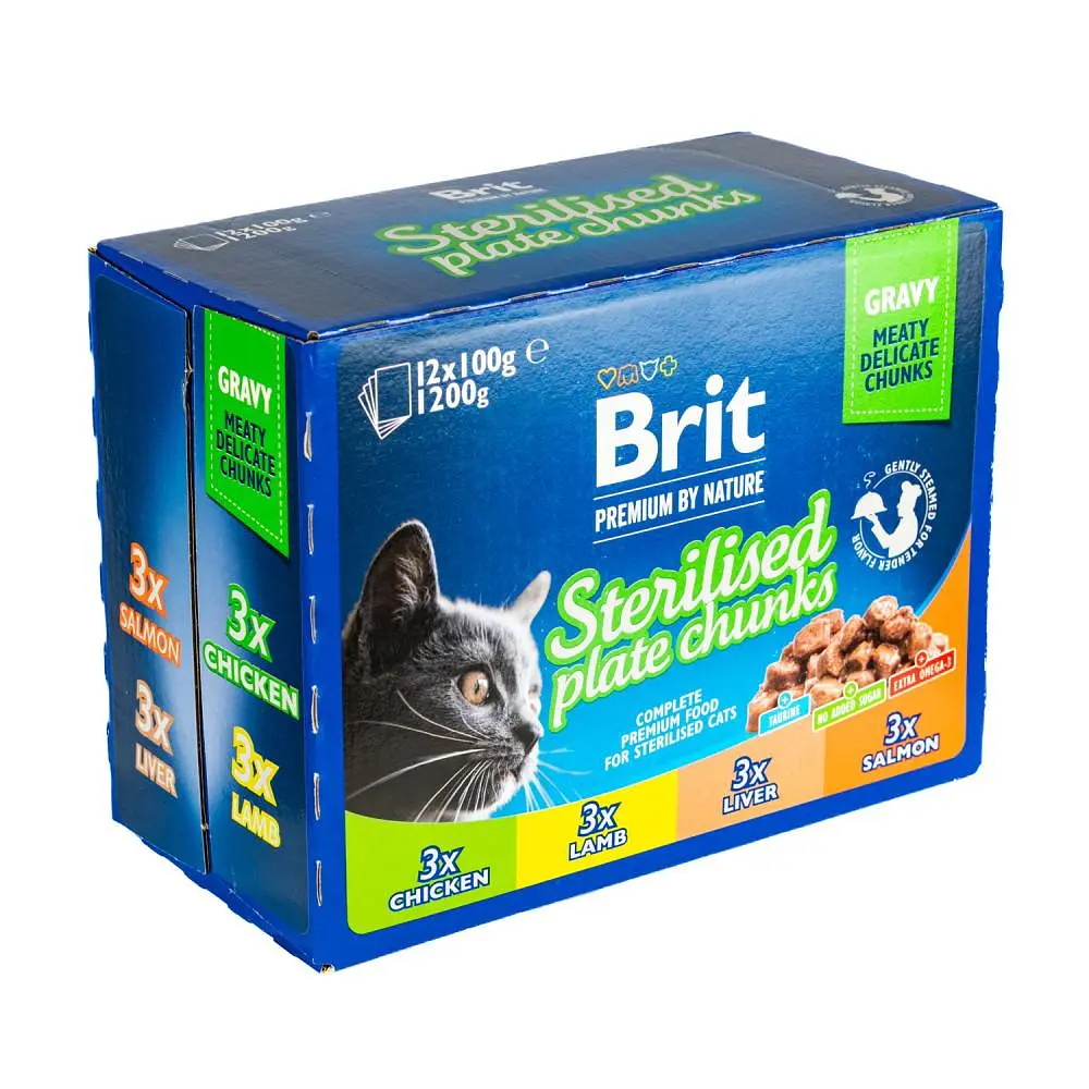 Влажный корм Brit Premium Cat Набор паучей семейная тарелка для стерилизованных кошек, ассорти 4 вкуса, 100 г х 12 шт. - фото 9
