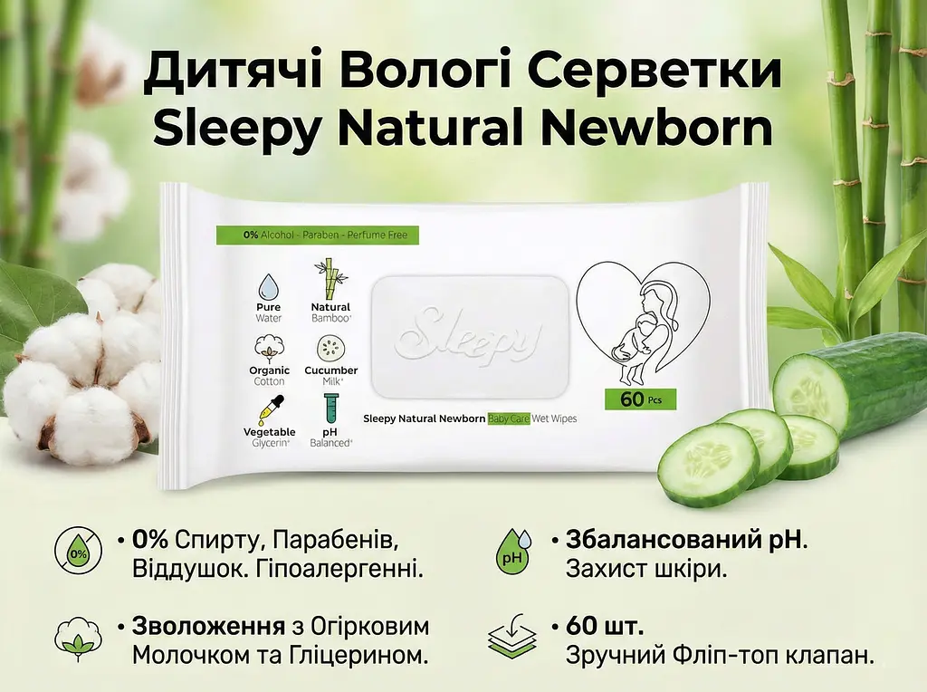 Вологі серветки для дітей Sleepy Naturаl Baby 60 шт. Безпечні серветки для немовлят. - фото 4