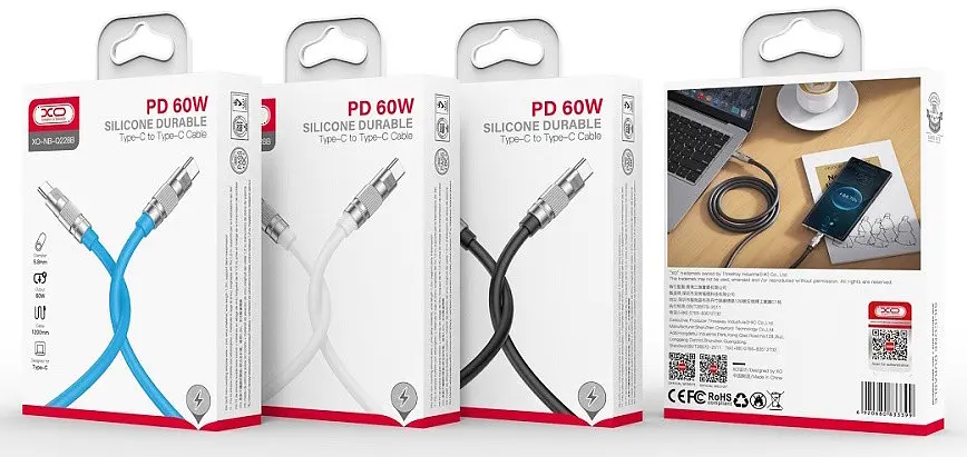 USB Кабель XO NB-Q228B Type-C-Type-C Silicone Durable 60W 1.2m Синий - фото 2