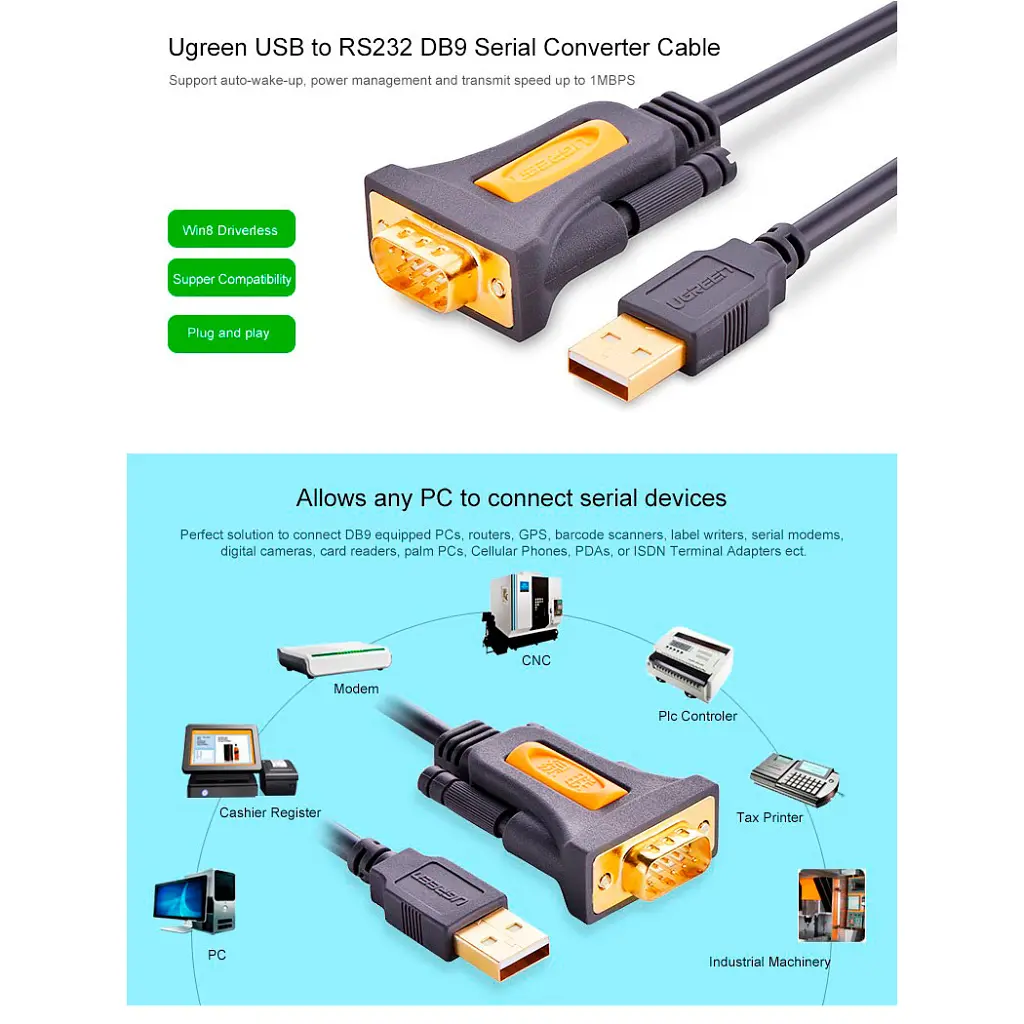 Кабель для передачі даних USB to COM M 2.0m DB9 RS-232 CR104 black Ugreen (20222) - фото 8