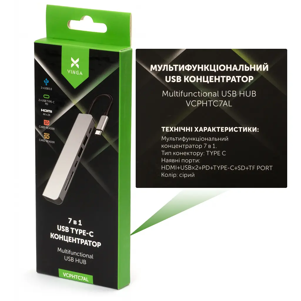 Концентратор Vinga Type-C to 4K HDMI+2*USB3.0+SD+TF+PD+USB-C 3.1 Gen1 aluminium (VCPHTC7AL) - фото 5