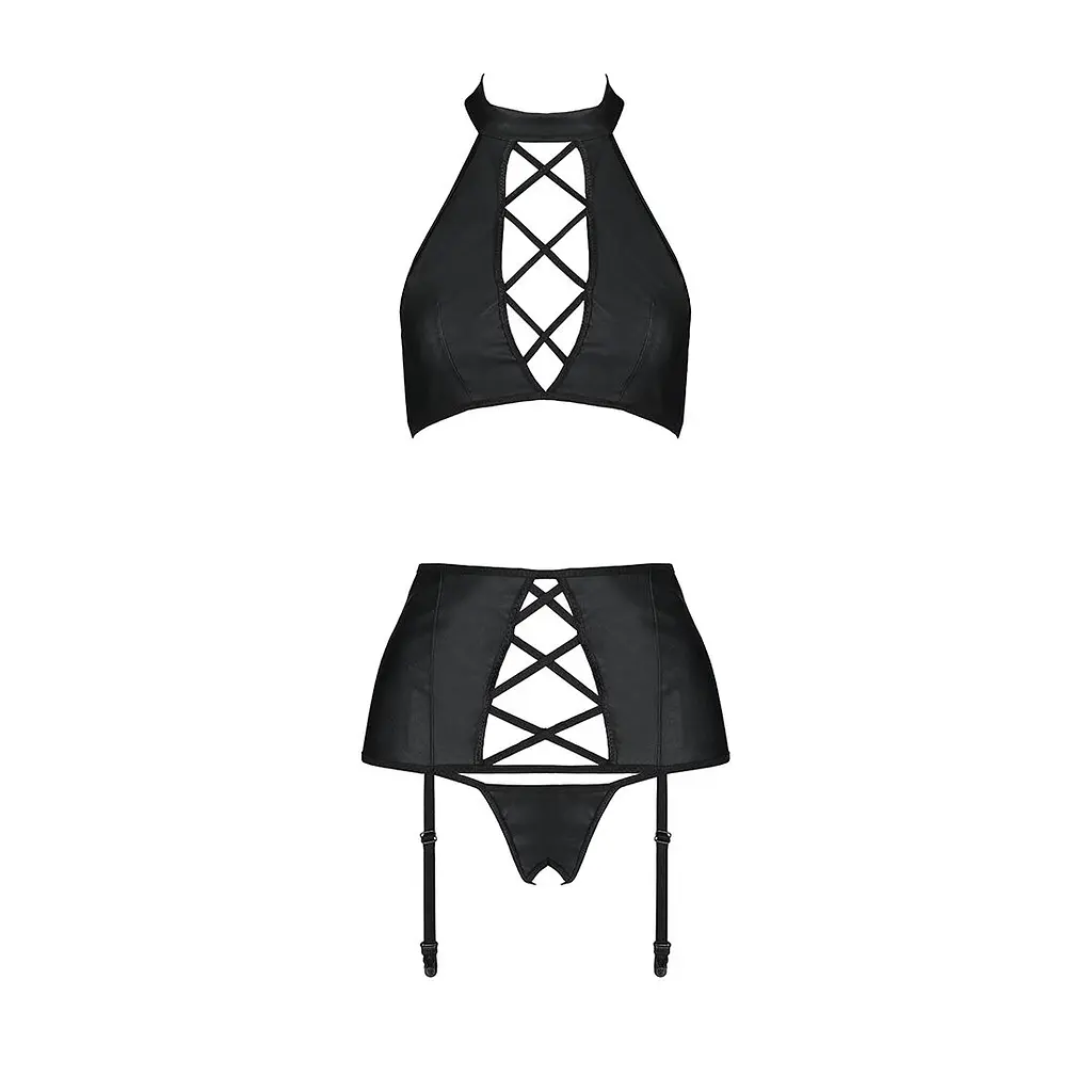 Комплект з еко-шкіри з імітацією шнурівки Passion NANCY SET L/XL black топ, трусики, пояс для панчіх - фото 3