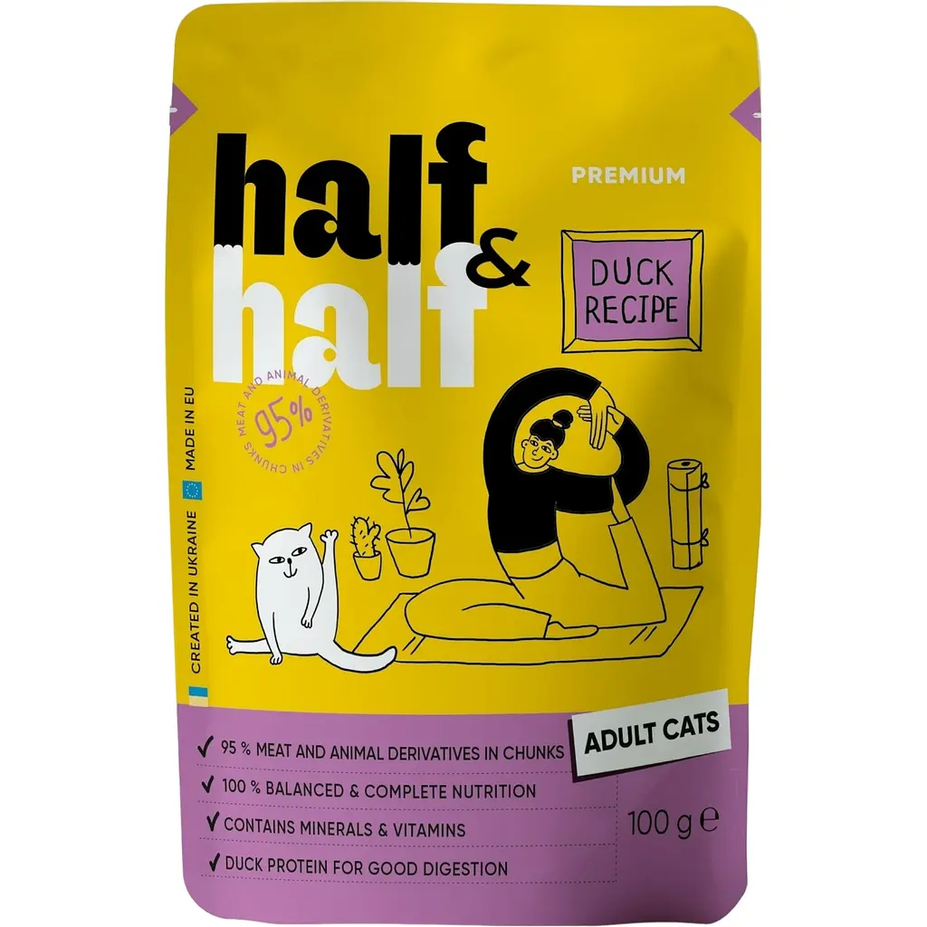 Набор влажных кормов для взрослых кошек Half & Half кусочки с уткой в ​​соусе 600 г (6 шт. х 100 г) - фото 3