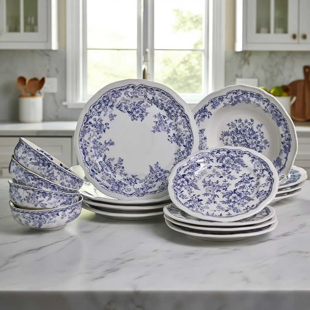 Столовый набор посуды тарелок 16 штук на 4 персоны Bissi фарфоровый Синий Yiwu YY78-1A - фото 8