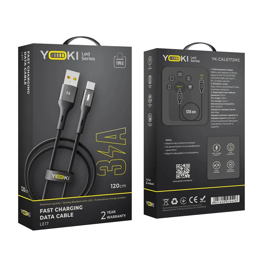 Кабель для заряджання та обміну даними USB Yoki YK-LE17 LED Series USB/Type C 60W 3A/20V 1.2 m Black - фото 2