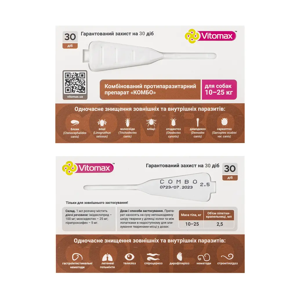 Капли для собак Vitomax Combo 10-25 кг против паразитов 7.2 мл (3 шт. х 2.4 мл) - фото 2